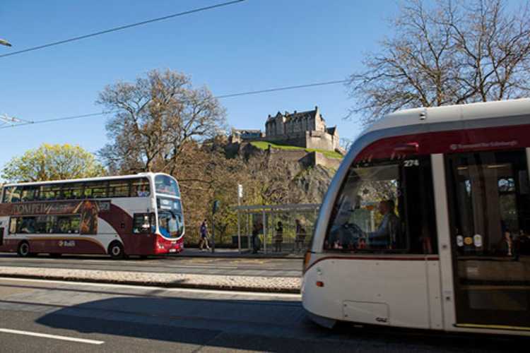 Edinburgh-world-car-free-day-Tram-and-bus-on-Princes-Street