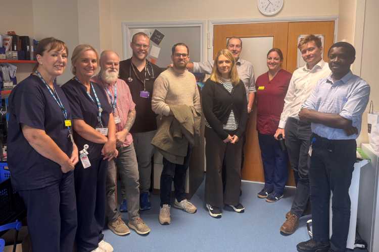 Photograph of the visit showing from the left to right: Jenny Morrison ANP; Lisa Hume Advanced Nurse Practitioner/Team Lead; David Riddel Admin; Dr Mat Topping, Consultant Geriatrician and Hospital at Home lead; Peter (Sweden); Emma (Sweden); Jack Louw Specialist Doctor; Andrea Johnstone Clinical Nurse Manager; Owain Simpson Service Manager and Muhammad Attahiru Specialty Dr
