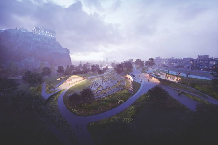 An artist’s impression of the proposed Quaich Project redevelopment of West Princes Street Gardens, including a new performance space and landscaped public areas.
